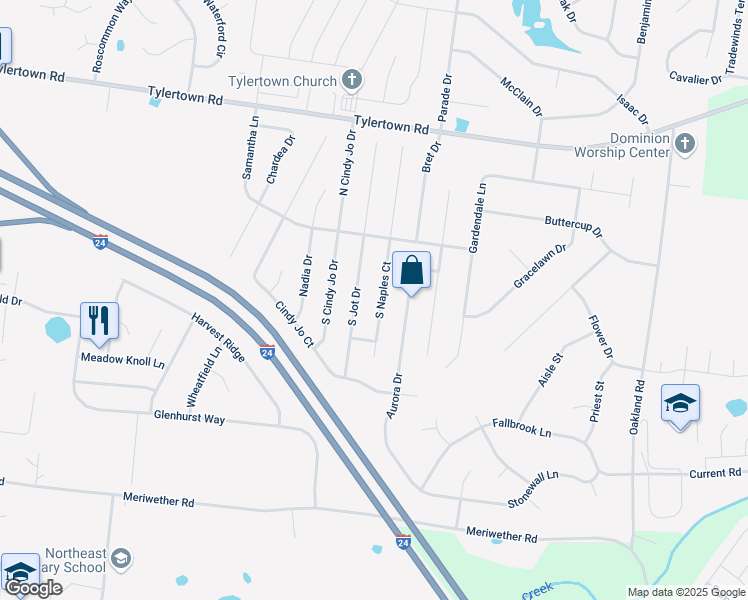 map of restaurants, bars, coffee shops, grocery stores, and more near 3681 South Jot Drive in Clarksville