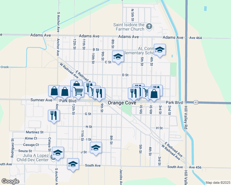 map of restaurants, bars, coffee shops, grocery stores, and more near 514 8th Street in Orange Cove