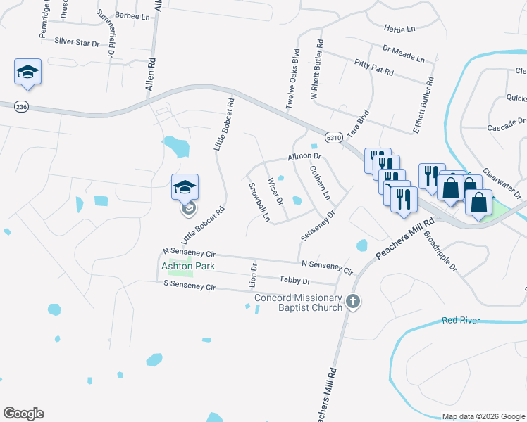 map of restaurants, bars, coffee shops, grocery stores, and more near Snowball Lane in Clarksville