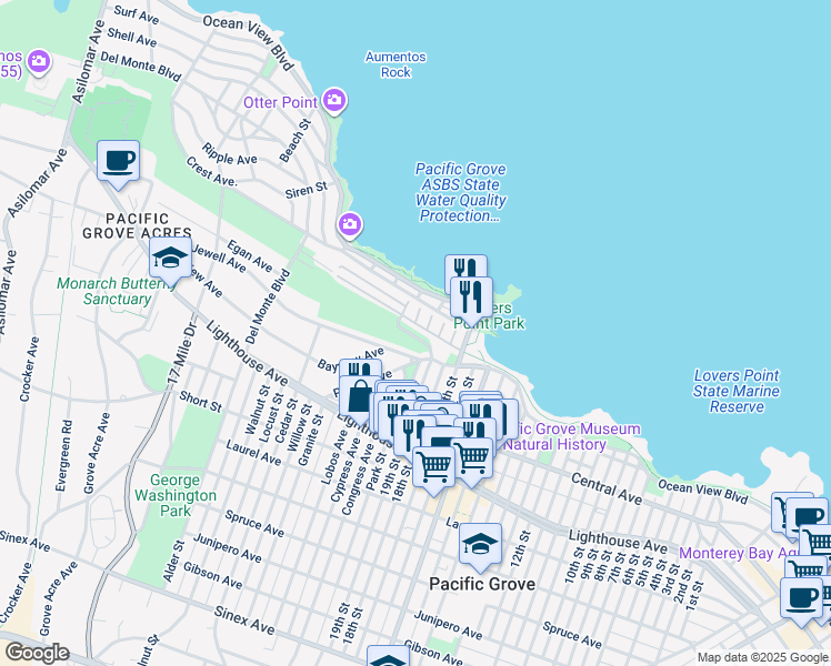 map of restaurants, bars, coffee shops, grocery stores, and more near 700 Briggs Street in Pacific Grove