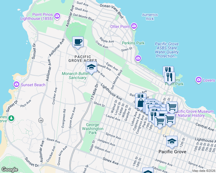 map of restaurants, bars, coffee shops, grocery stores, and more near 914 Lighthouse Avenue in Pacific Grove