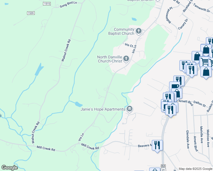 map of restaurants, bars, coffee shops, grocery stores, and more near 359 Iris Lane in Danville