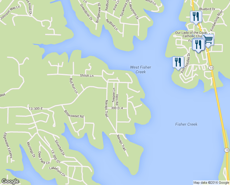 map of restaurants, bars, coffee shops, grocery stores, and more near 16 Vern Road in Kimberling City