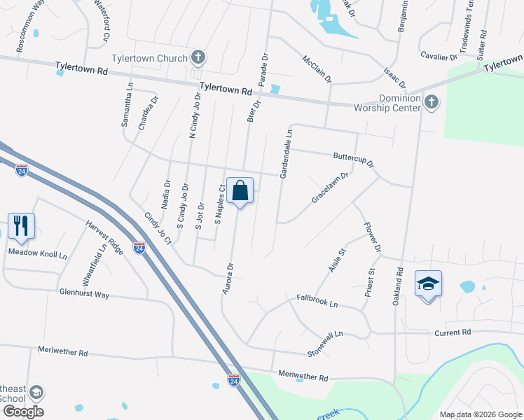 map of restaurants, bars, coffee shops, grocery stores, and more near 3692 Kendra Court South in Clarksville