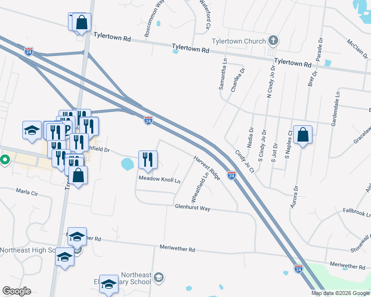 map of restaurants, bars, coffee shops, grocery stores, and more near 3795 Harvest Ridge in Clarksville