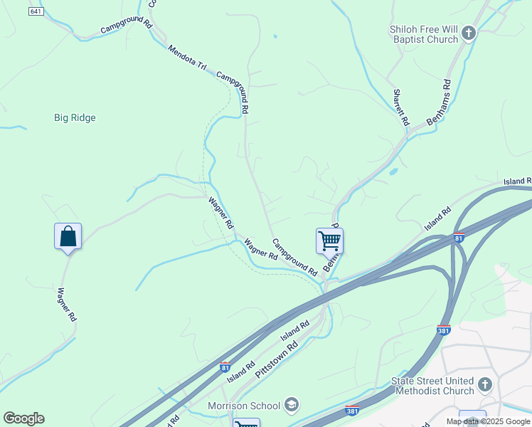 map of restaurants, bars, coffee shops, grocery stores, and more near 22314 Campground Road in Bristol