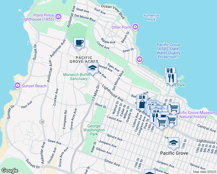 map of restaurants, bars, coffee shops, grocery stores, and more near 914 Lighthouse Avenue in Pacific Grove
