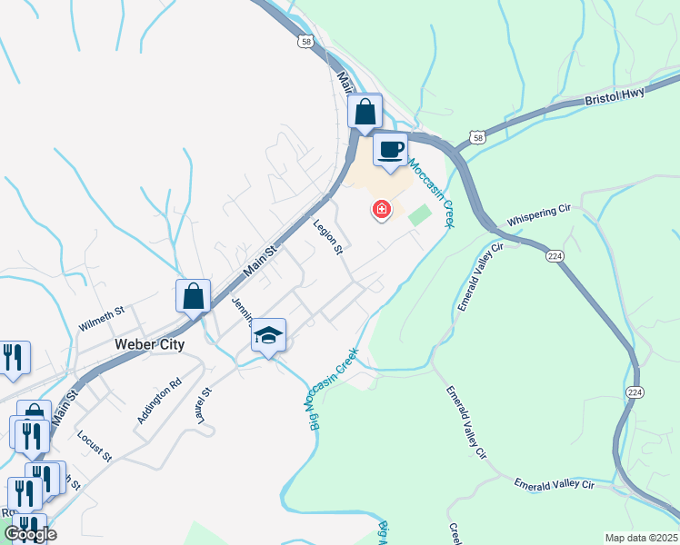 map of restaurants, bars, coffee shops, grocery stores, and more near 100-124 Baltic Drive in Weber City