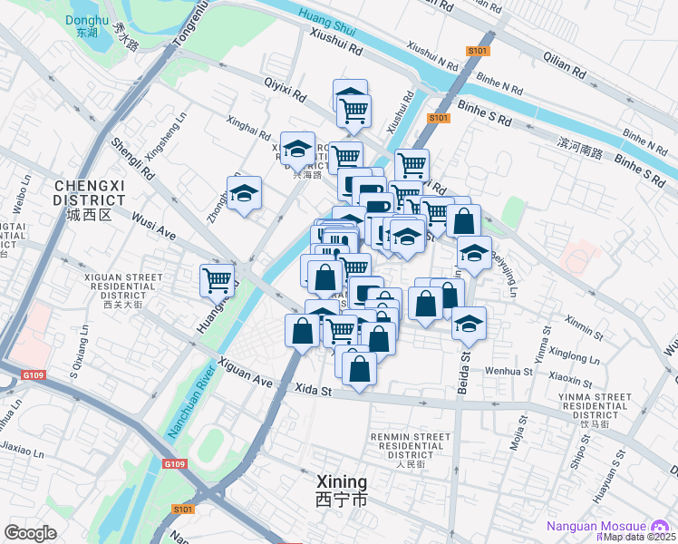 map of restaurants, bars, coffee shops, grocery stores, and more near Chang Jiang Lu in Xi Ning Shi