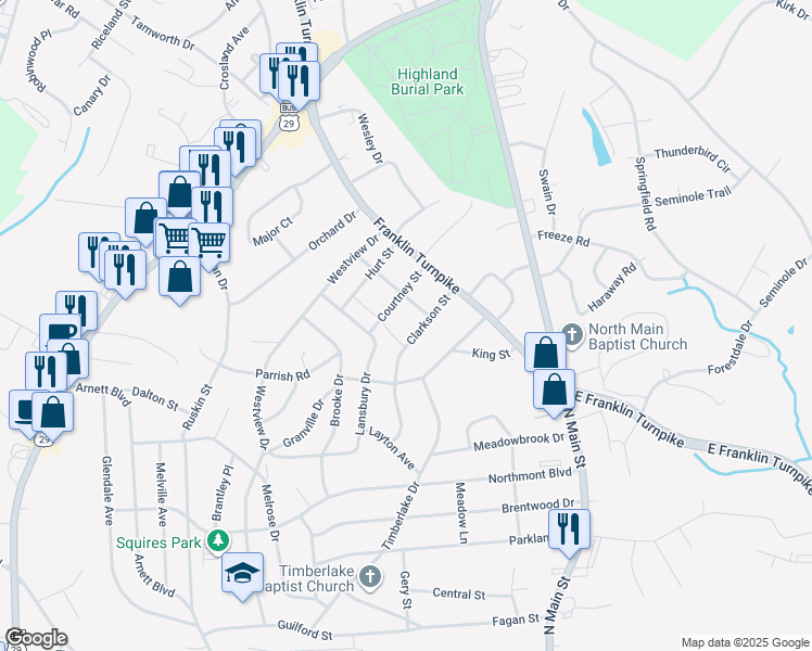 map of restaurants, bars, coffee shops, grocery stores, and more near 132 Clarkson Street in Danville