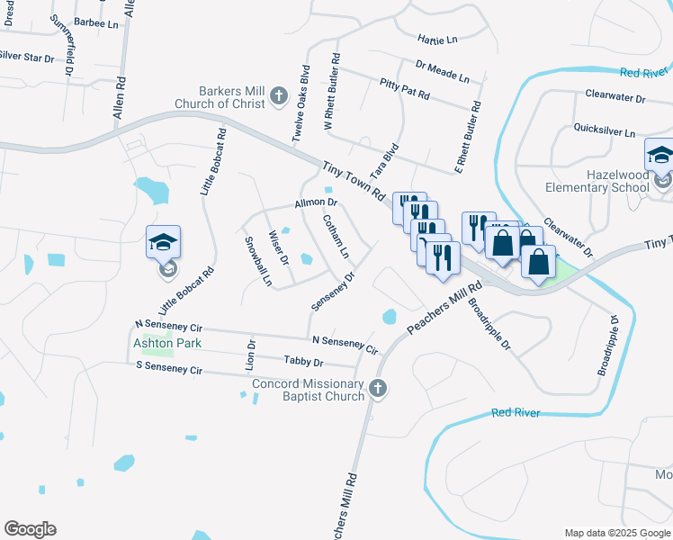 map of restaurants, bars, coffee shops, grocery stores, and more near 3365 Franklin Meadows Way in Clarksville