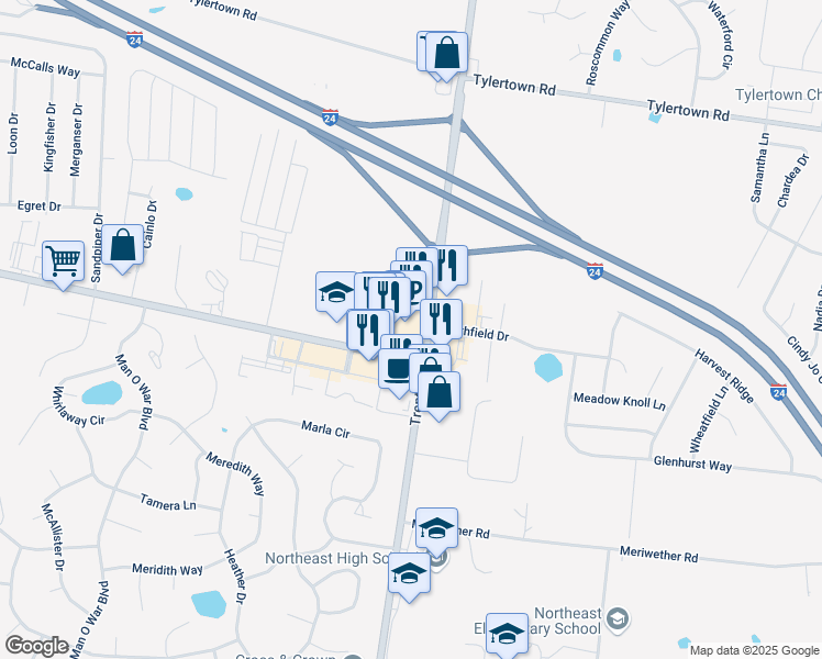 map of restaurants, bars, coffee shops, grocery stores, and more near 3906 Trenton Road in Clarksville