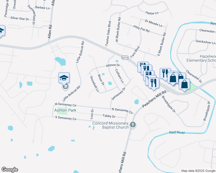 map of restaurants, bars, coffee shops, grocery stores, and more near 3392 Wiser Drive in Clarksville