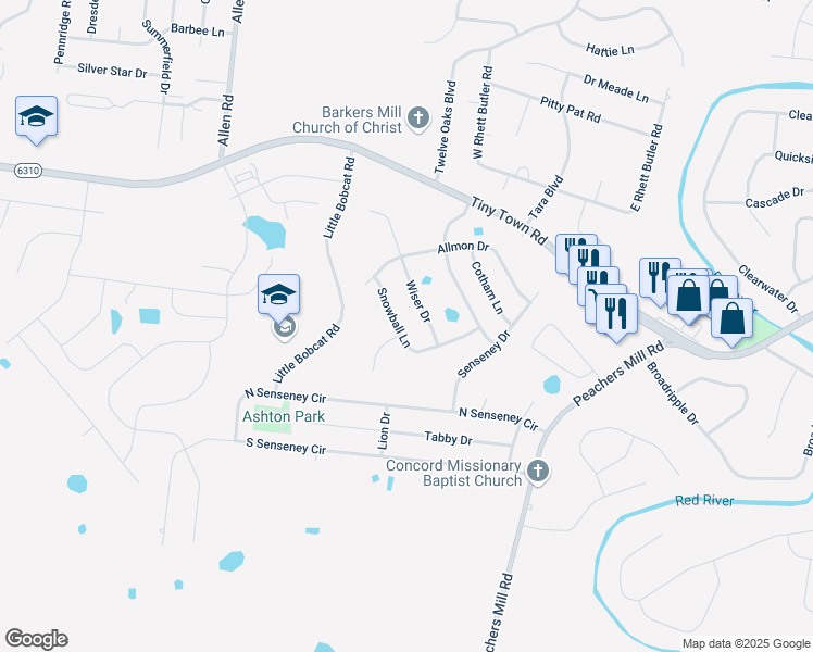 map of restaurants, bars, coffee shops, grocery stores, and more near 1226 Snowball Lane in Clarksville