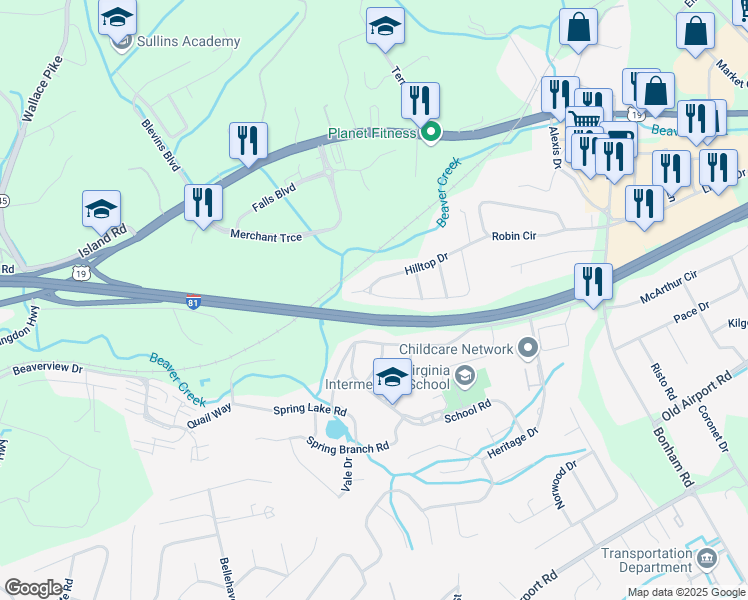 map of restaurants, bars, coffee shops, grocery stores, and more near U.S. 58 in Bristol
