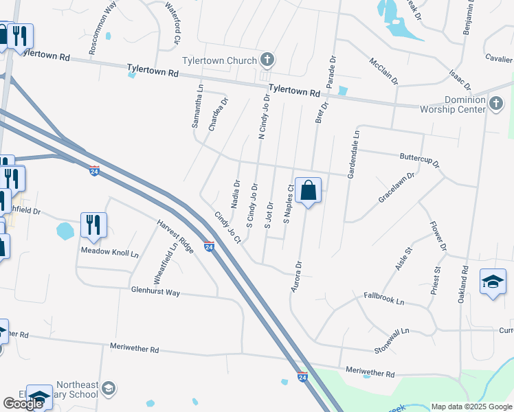 map of restaurants, bars, coffee shops, grocery stores, and more near 3671 South Cindy Jo Drive in Clarksville