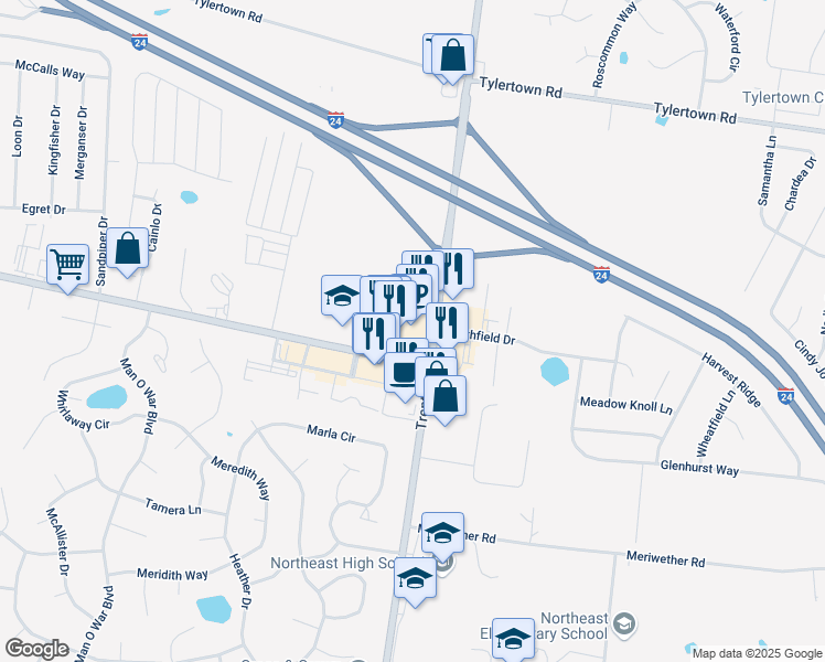 map of restaurants, bars, coffee shops, grocery stores, and more near 3906 Trenton Road in Clarksville