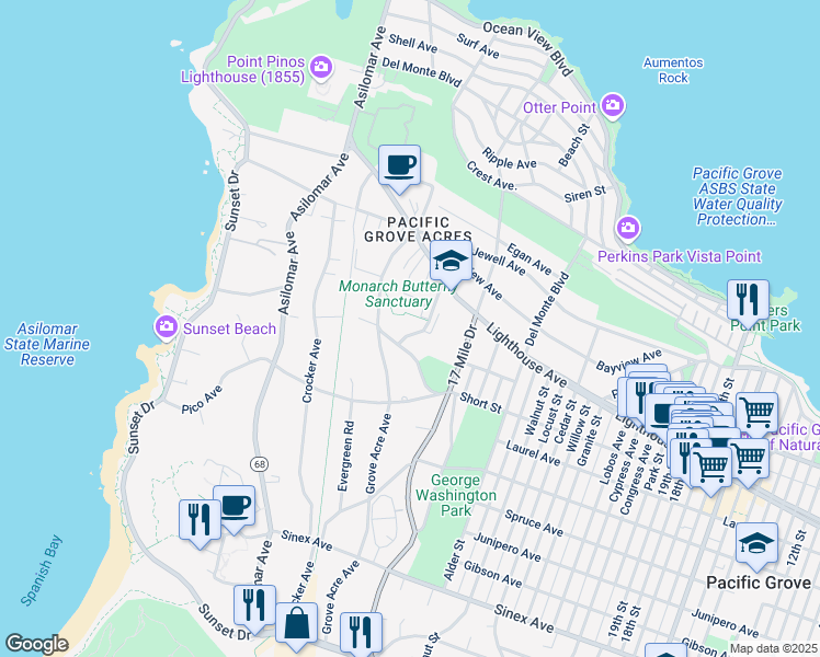 map of restaurants, bars, coffee shops, grocery stores, and more near 210 Ridge Road in Pacific Grove