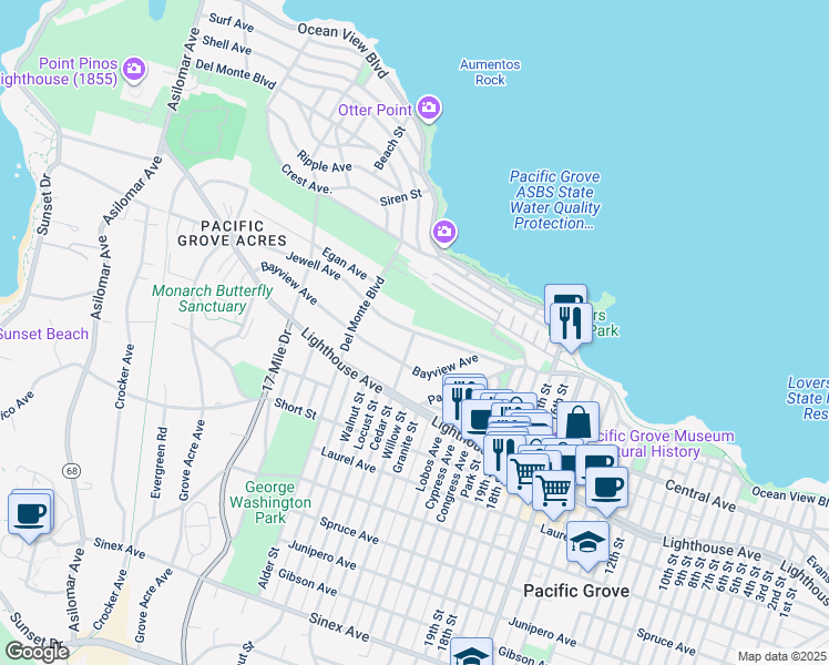 map of restaurants, bars, coffee shops, grocery stores, and more near 2 Cedar Street in Pacific Grove