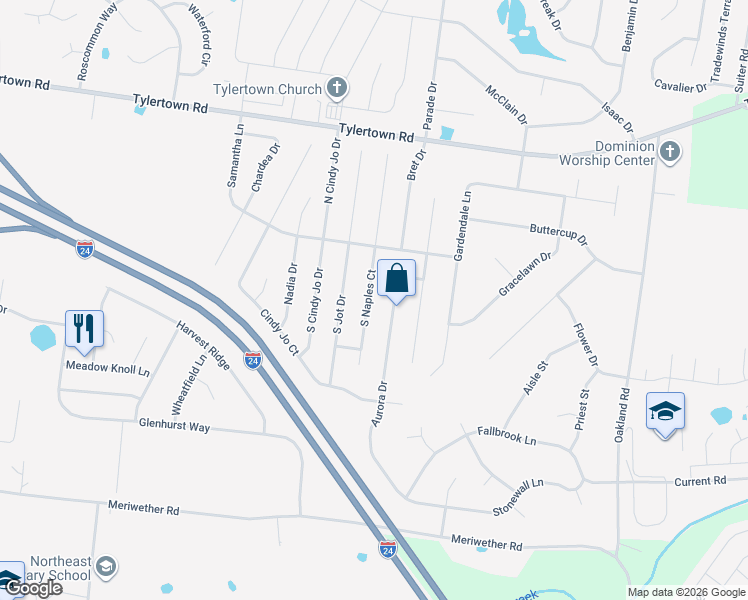 map of restaurants, bars, coffee shops, grocery stores, and more near 3656 Aurora Drive in Clarksville