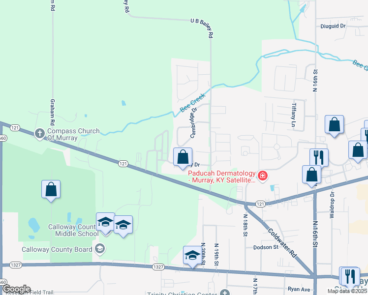 map of restaurants, bars, coffee shops, grocery stores, and more near 323 Cambridge Drive in Murray