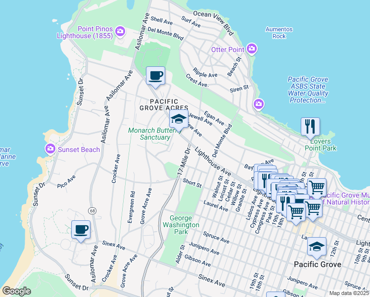 map of restaurants, bars, coffee shops, grocery stores, and more near 213 17 Mile Drive in Pacific Grove
