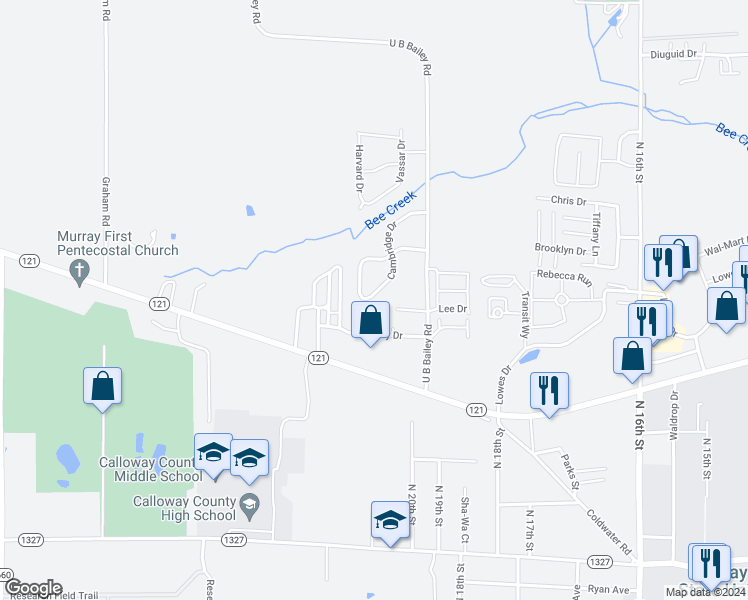map of restaurants, bars, coffee shops, grocery stores, and more near 321 Cambridge Drive in Murray