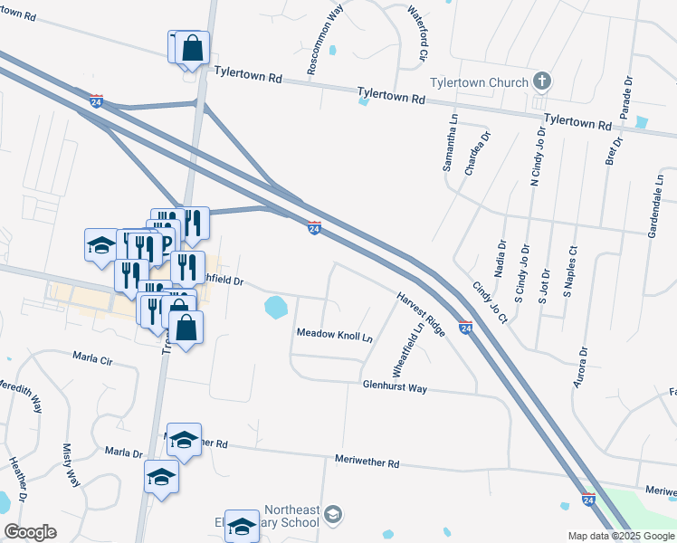 map of restaurants, bars, coffee shops, grocery stores, and more near 3824 Harvest Ridge in Clarksville