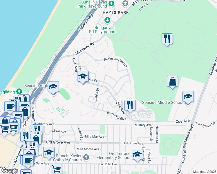 map of restaurants, bars, coffee shops, grocery stores, and more near 5030 Peninsula Point Drive in Seaside