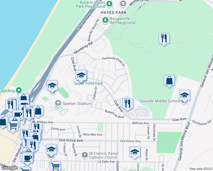 map of restaurants, bars, coffee shops, grocery stores, and more near 5030 Peninsula Point Drive in Seaside