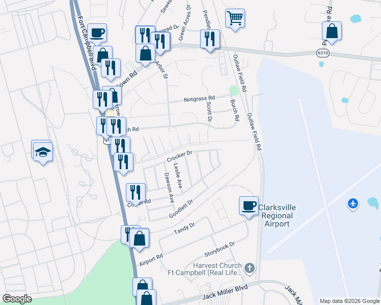 map of restaurants, bars, coffee shops, grocery stores, and more near Crocker Drive in Clarksville