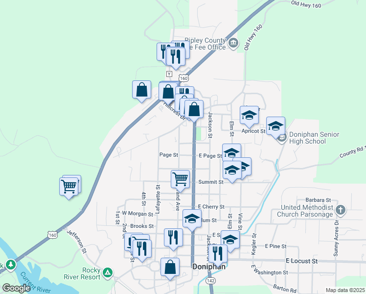 map of restaurants, bars, coffee shops, grocery stores, and more near 208 Crescent Street in Doniphan