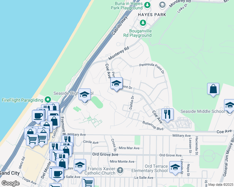 map of restaurants, bars, coffee shops, grocery stores, and more near 200 Coe Avenue in Seaside