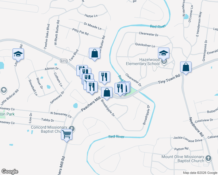 map of restaurants, bars, coffee shops, grocery stores, and more near 1471-1479 Tiny Town Road in Clarksville