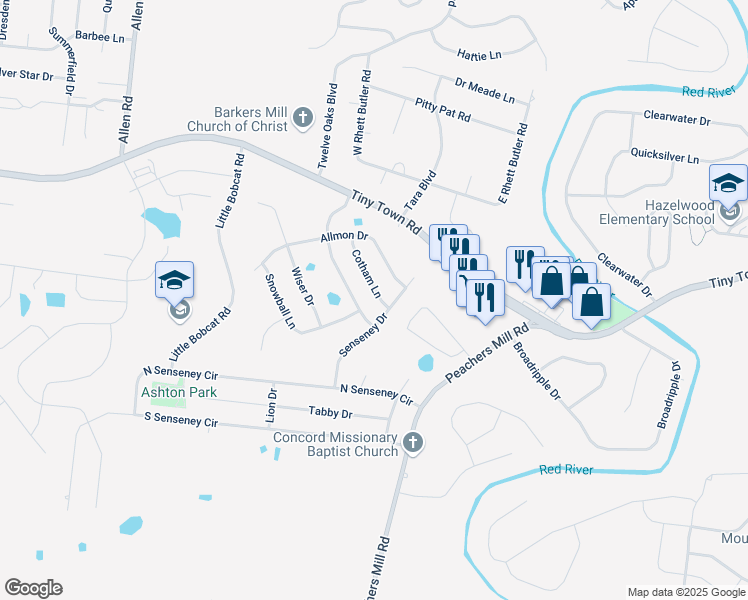 map of restaurants, bars, coffee shops, grocery stores, and more near 3382 Cotham Lane in Clarksville