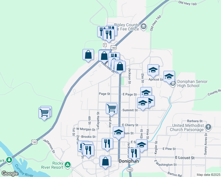map of restaurants, bars, coffee shops, grocery stores, and more near 208 Crescent Street in Doniphan