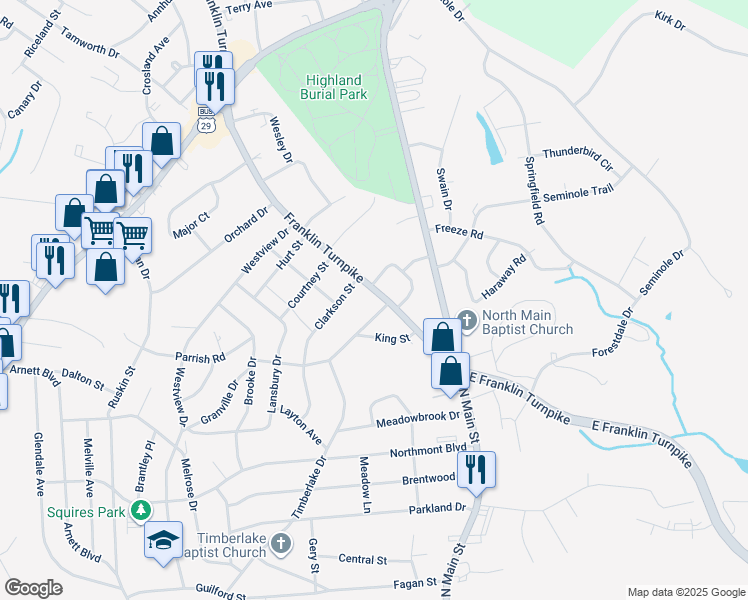 map of restaurants, bars, coffee shops, grocery stores, and more near 311 Franklin Turnpike in Danville