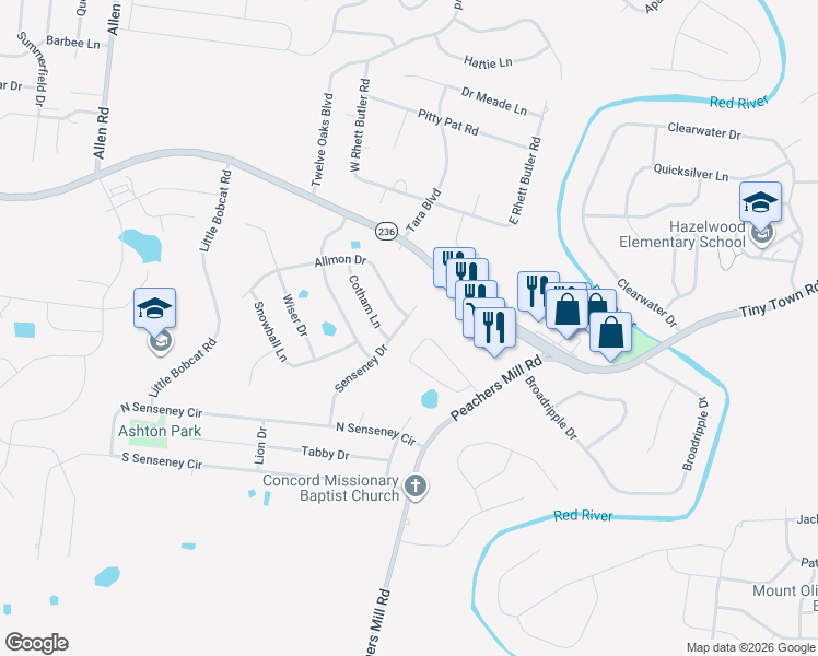 map of restaurants, bars, coffee shops, grocery stores, and more near 3228 Veranda Circle in Clarksville