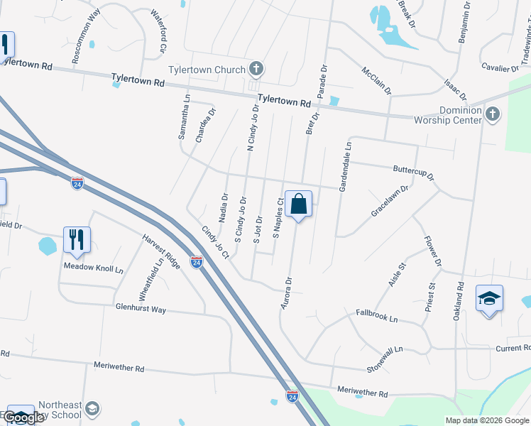 map of restaurants, bars, coffee shops, grocery stores, and more near 3681 South Jot Drive in Clarksville