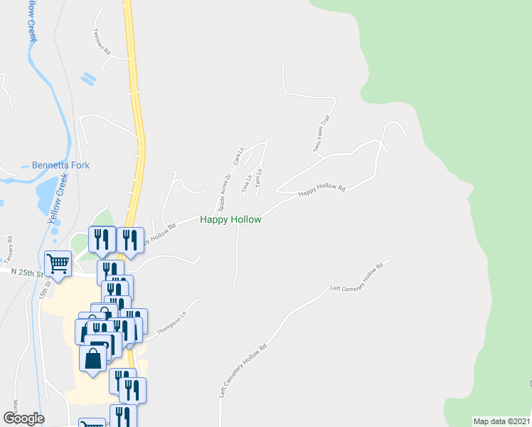 map of restaurants, bars, coffee shops, grocery stores, and more near Happy Hollow Road in Middlesboro
