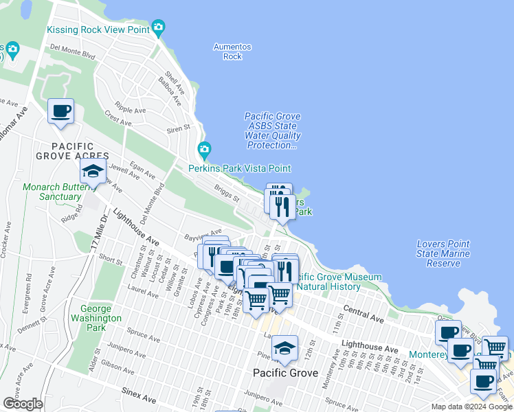 map of restaurants, bars, coffee shops, grocery stores, and more near 650 Jewell Avenue in Pacific Grove