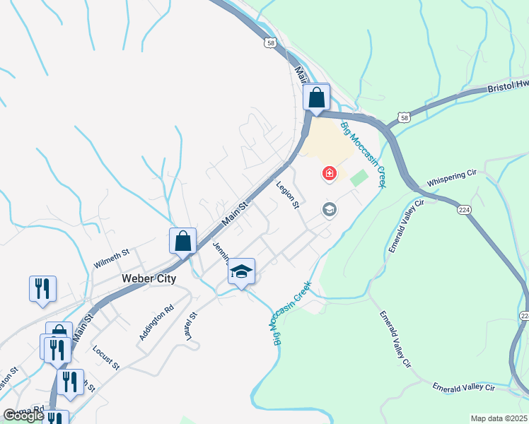map of restaurants, bars, coffee shops, grocery stores, and more near 157 Delrose Street in Weber City