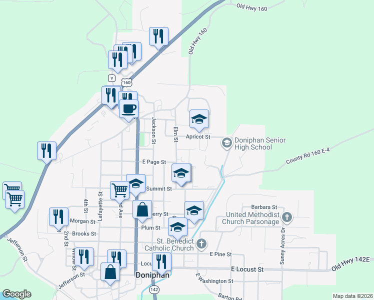 map of restaurants, bars, coffee shops, grocery stores, and more near 1002 Burford Court in Doniphan
