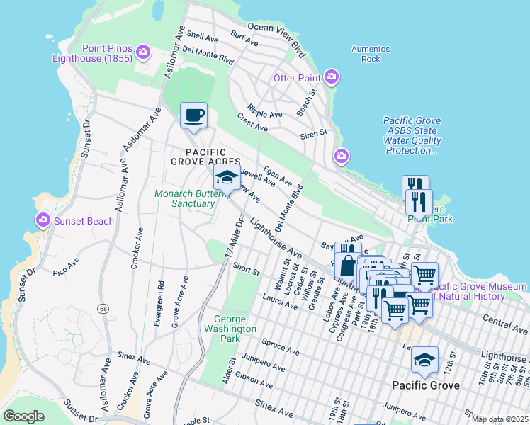 map of restaurants, bars, coffee shops, grocery stores, and more near 914 Lighthouse Avenue in Pacific Grove
