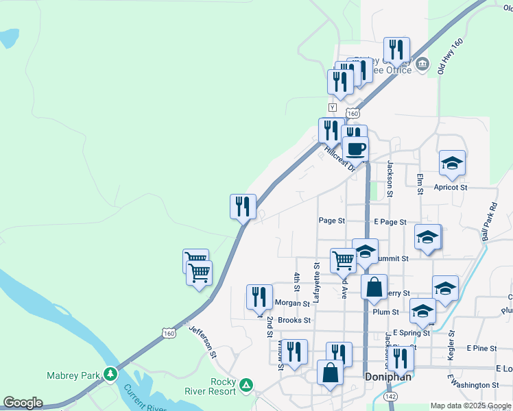map of restaurants, bars, coffee shops, grocery stores, and more near 160 West Highway Street in Doniphan