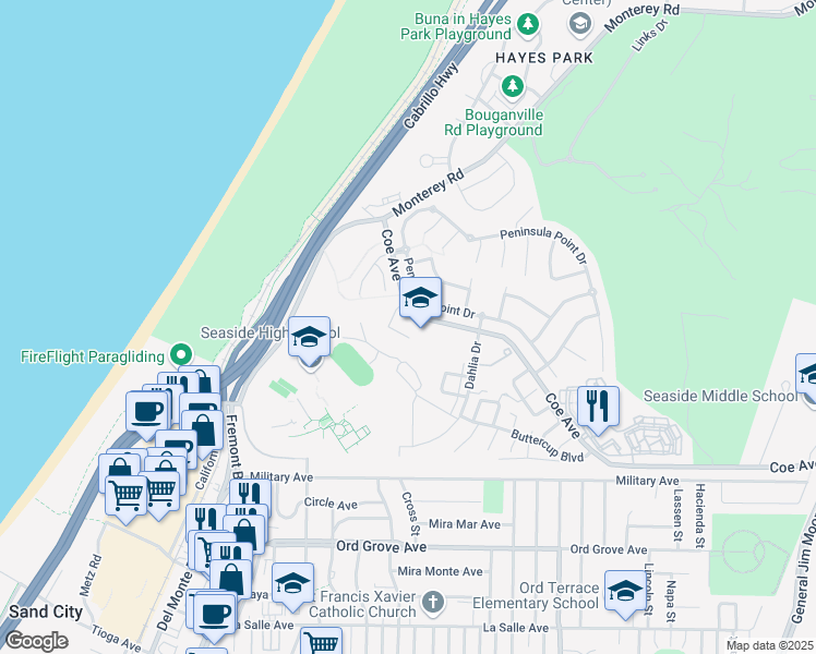 map of restaurants, bars, coffee shops, grocery stores, and more near 200 Coe Avenue in Seaside