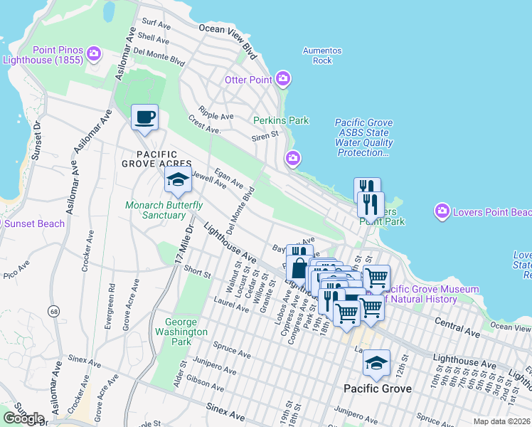 map of restaurants, bars, coffee shops, grocery stores, and more near 836 Jewell Avenue in Pacific Grove