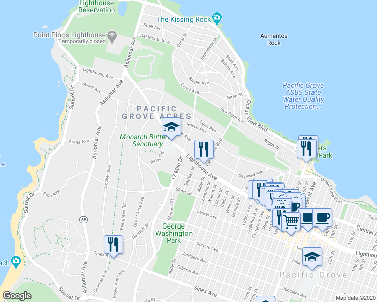 map of restaurants, bars, coffee shops, grocery stores, and more near 213 17 Mile Drive in Pacific Grove