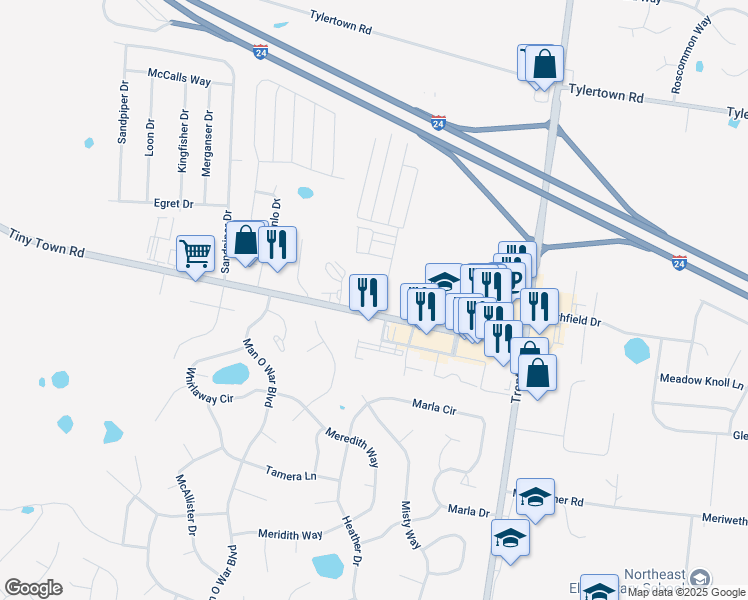 map of restaurants, bars, coffee shops, grocery stores, and more near 111 Northstar Drive in Clarksville