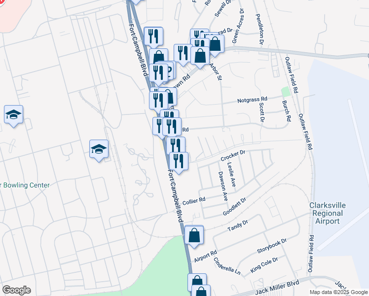 map of restaurants, bars, coffee shops, grocery stores, and more near 2803 Fort Campbell Boulevard in Clarksville